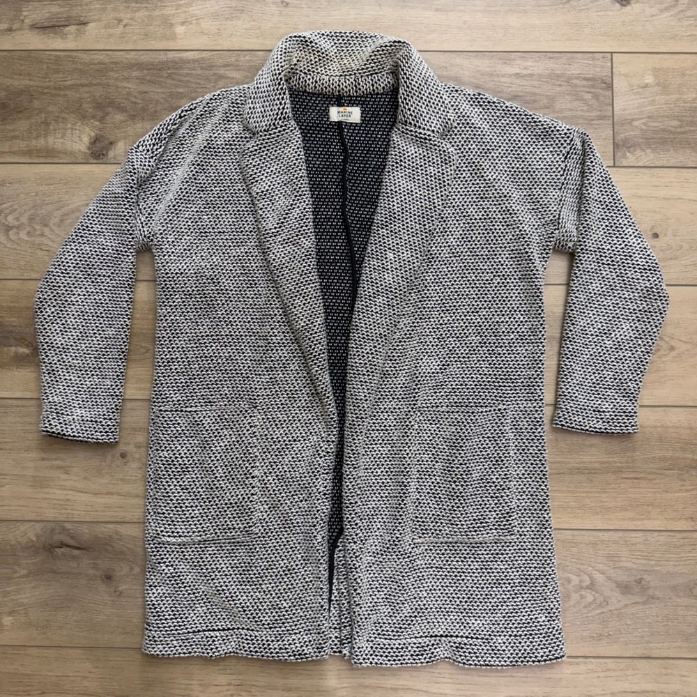 Marine Layer Birdseye Knit Cardigan Black White Open Front Pockets XL Relaxed